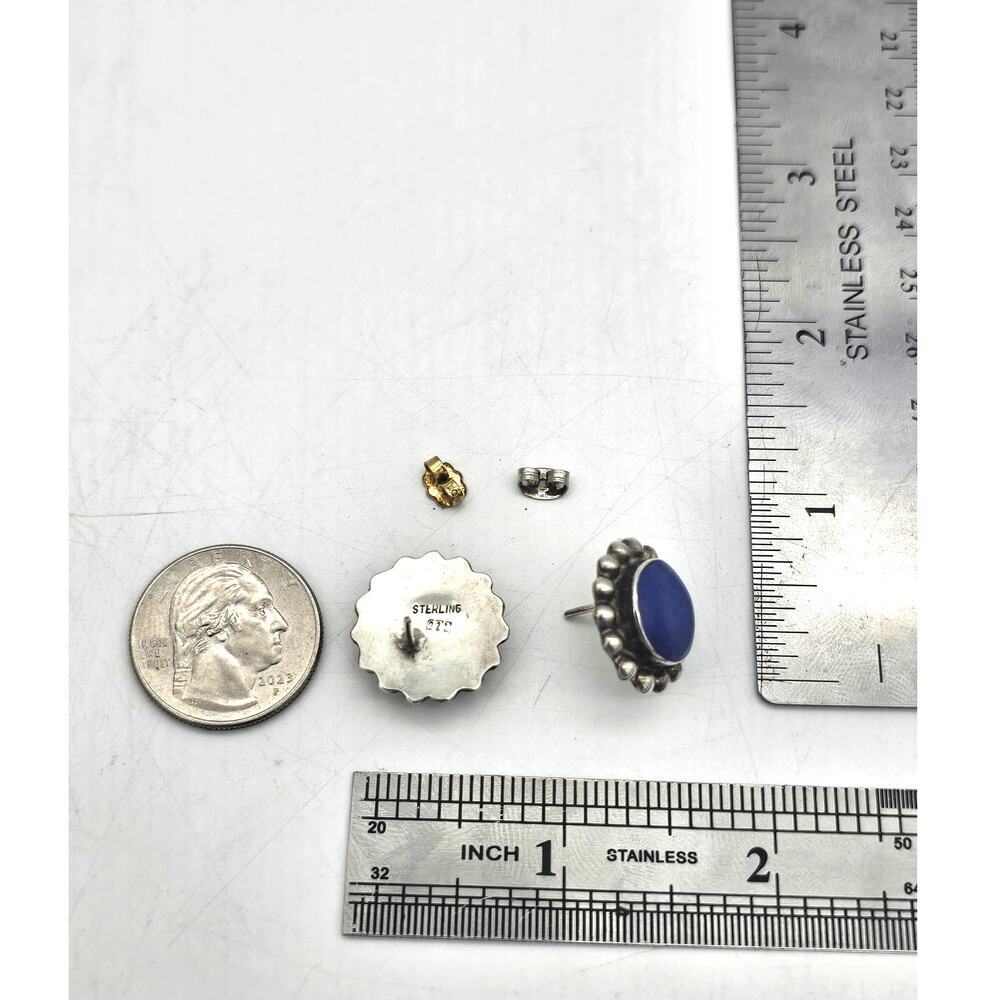 Vintage Sterling Silver & Large Center Blue Lapis Lazuli Pierced Earrings - Picture 3 of 6